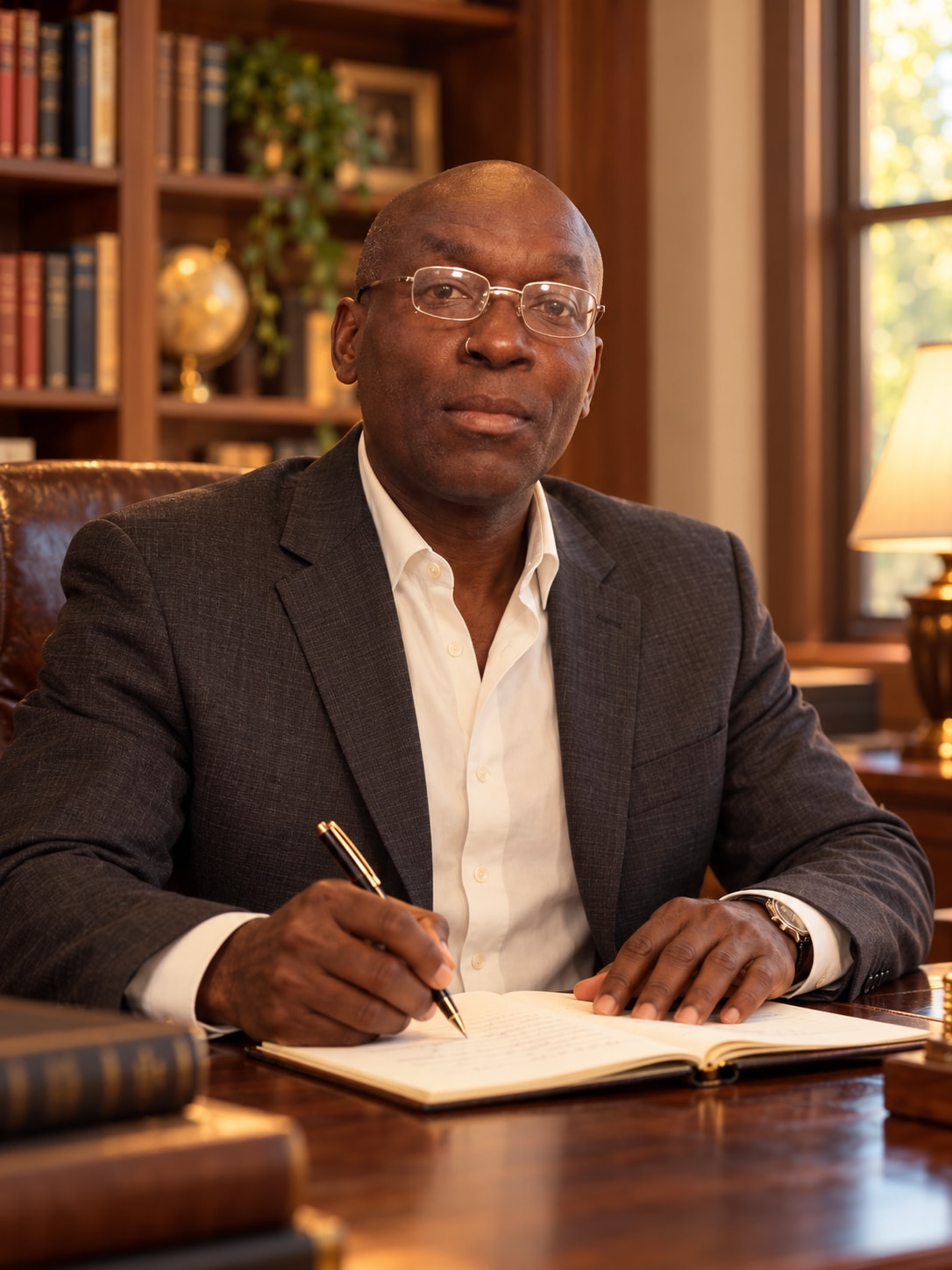 Paul Ivy writing at a library desk
